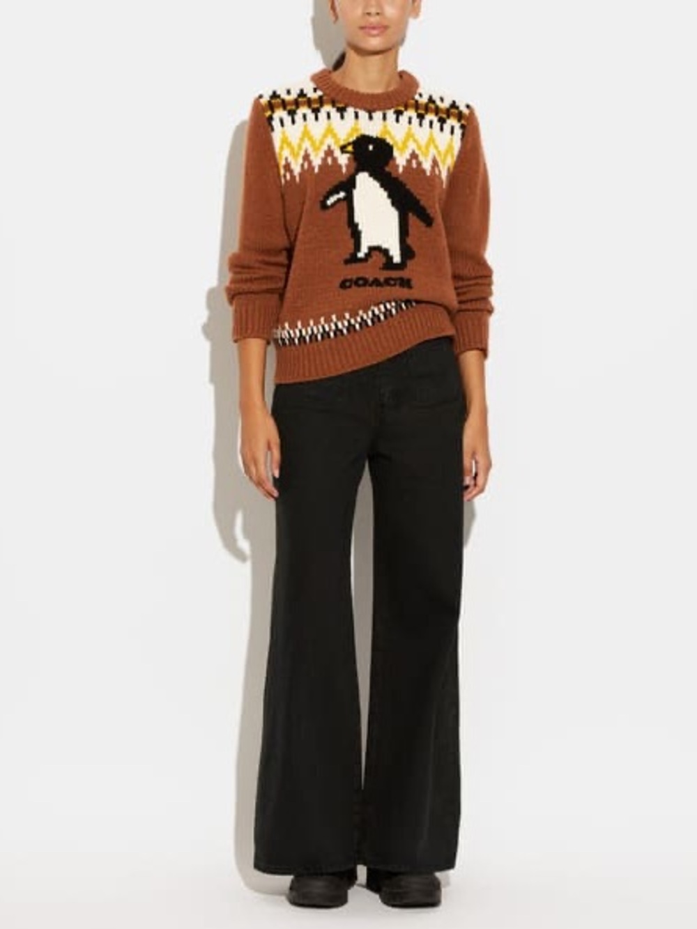 Coach Wool Penguin Ski Knit Sweater Dark Brown Whimsical  Ski L